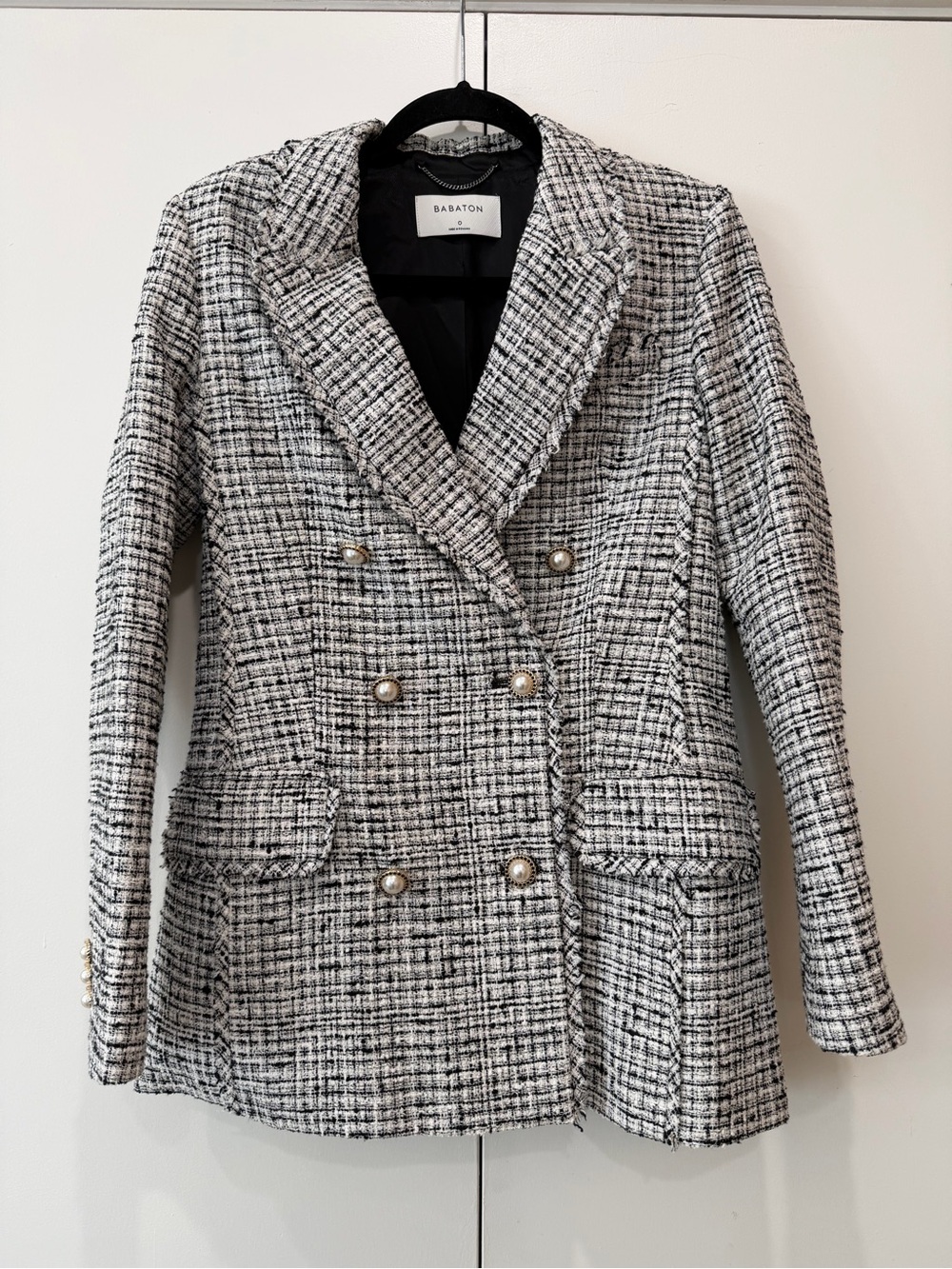 Aritzia Babaton Samuel Tweed Blazer Black White Houndstooth Double Breasted 0